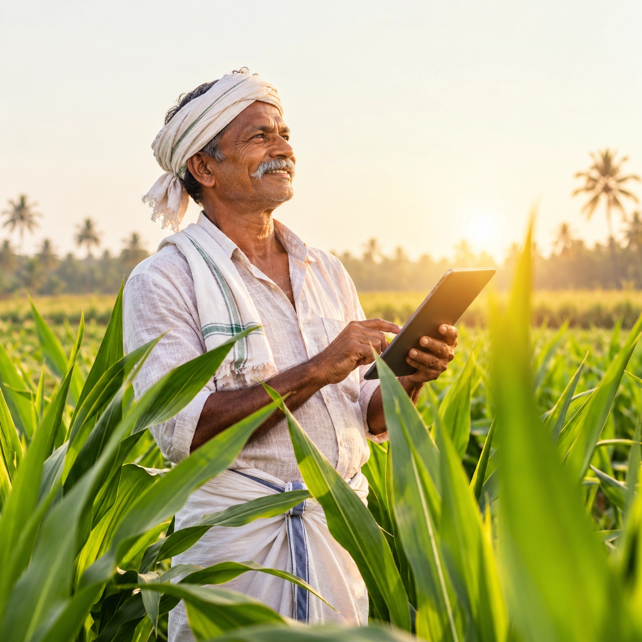 Farmer monitoring field using tablet in cornfield