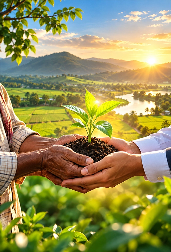 Hands nurturing a young plant against agricultural landscape